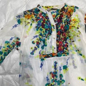 Zara Basic 100% Cotton White Blouse With Colorful Cherry Blossom Design, Size XS